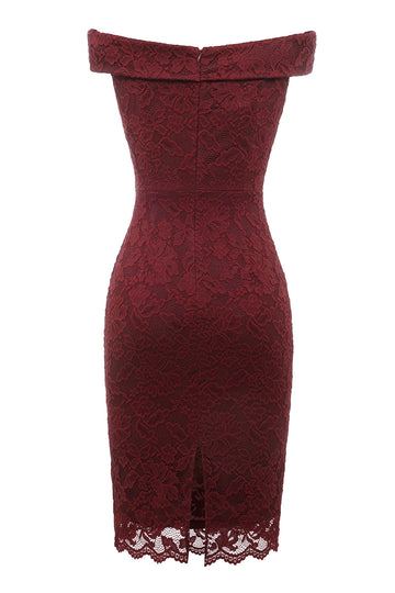 Sheath Off the Shoulder Burgundy Lace Dress